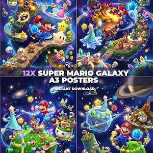 May include: A collection of twelve digital posters featuring Super Mario Galaxy characters including Mario, Luigi, Princess Peach, Rosalina, and Bowser on various space-themed planets. The text 12X SUPER MARIO GALAXY A3 POSTERS INSTANT DOWNLOAD is visible.