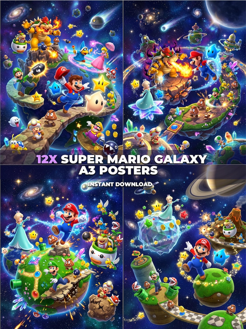 May include: A collection of twelve digital posters featuring Super Mario Galaxy characters including Mario, Luigi, Princess Peach, Rosalina, and Bowser on various space-themed planets. The text 12X SUPER MARIO GALAXY A3 POSTERS INSTANT DOWNLOAD is visible.