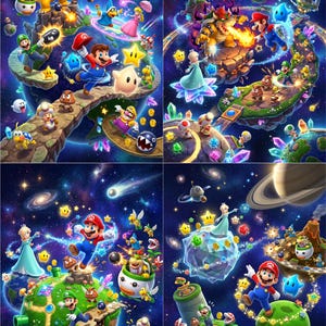 May include: A four-panel digital illustration featuring Mario, Luigi, Princess Peach, Rosalina, Bowser, and various enemies navigating floating planetary landscapes, colourful crystals, and gold coins set against a deep blue outer space background.