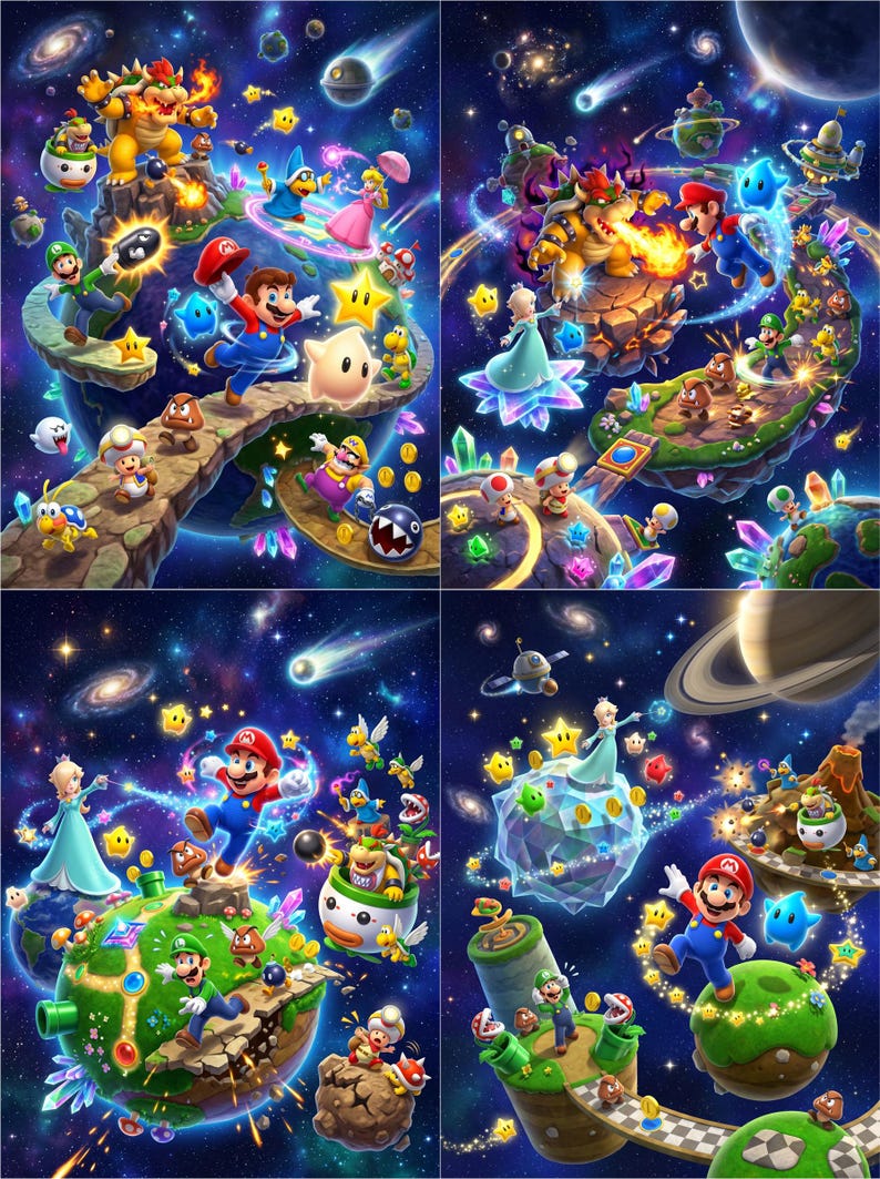 May include: A four-panel digital illustration featuring Mario, Luigi, Princess Peach, Rosalina, Bowser, and various enemies navigating floating planetary landscapes, colourful crystals, and gold coins set against a deep blue outer space background.