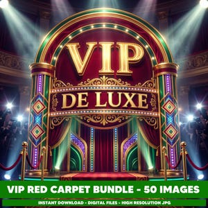 Op de afbeelding: Digitale illustratie van een VIP rode loper scène. De afbeelding toont een rode loper, fluwelen touwen en een podium met de woorden "VIP DE LUXE" in gouden letters. Schijnwerpers en een theaterachtergrond completeren de scène.