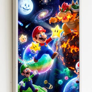 May include: A framed print featuring Mario, Luigi, and Bowser from the Super Mario video game series. Mario is holding star power-ups, while Bowser breathes fire. The background includes planets, stars, and a smiling moon.