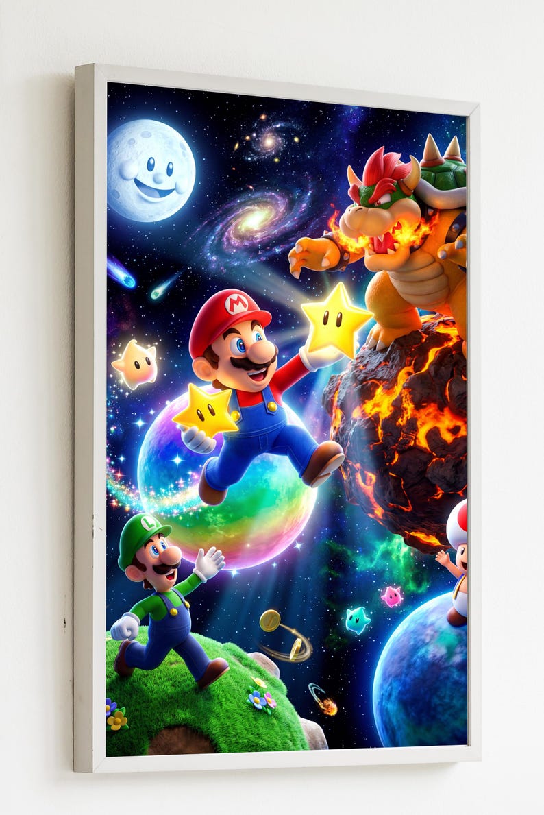 May include: A framed print featuring Mario, Luigi, and Bowser from the Super Mario video game series. Mario is holding star power-ups, while Bowser breathes fire. The background includes planets, stars, and a smiling moon.