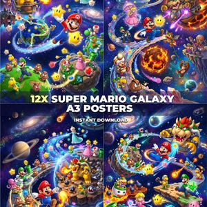 May include: A collection of four vibrant digital illustrations featuring Super Mario Galaxy characters including Mario, Luigi, Princess Peach, and Bowser in space settings with planets and stars. The text reads 12X SUPER MARIO GALAXY A3 POSTERS INSTANT DOWNLOAD.