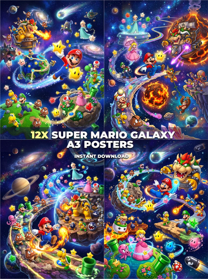 May include: A collection of four vibrant digital illustrations featuring Super Mario Galaxy characters including Mario, Luigi, Princess Peach, and Bowser in space settings with planets and stars. The text reads 12X SUPER MARIO GALAXY A3 POSTERS INSTANT DOWNLOAD.