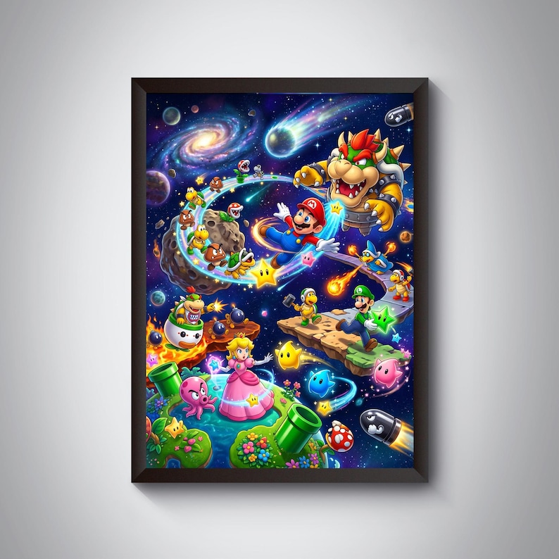 May include: A framed vertical poster featuring a vibrant space scene with Mario, Luigi, Princess Peach, and Bowser. The colorful illustration includes various characters, floating platforms, glowing stars, and planets set against a dark cosmic background.