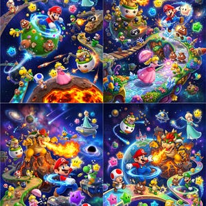 May include: A four-panel digital illustration featuring Mario, Luigi, Princess Peach, Bowser, and various characters in a vibrant space-themed setting. The scenes depict colourful planets, winding paths, glowing stars, and cosmic backgrounds with galaxies.