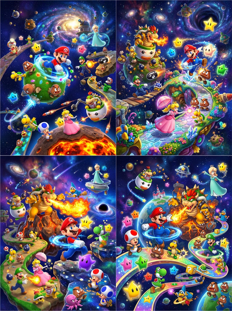 May include: A four-panel digital illustration featuring Mario, Luigi, Princess Peach, Bowser, and various characters in a vibrant space-themed setting. The scenes depict colourful planets, winding paths, glowing stars, and cosmic backgrounds with galaxies.