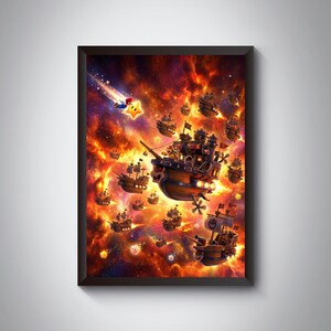 May include: A framed print featuring a vibrant, fantastical scene of airships sailing through a fiery, nebula-like sky. The artwork includes a shooting star with a character and a star, and numerous detailed ships.