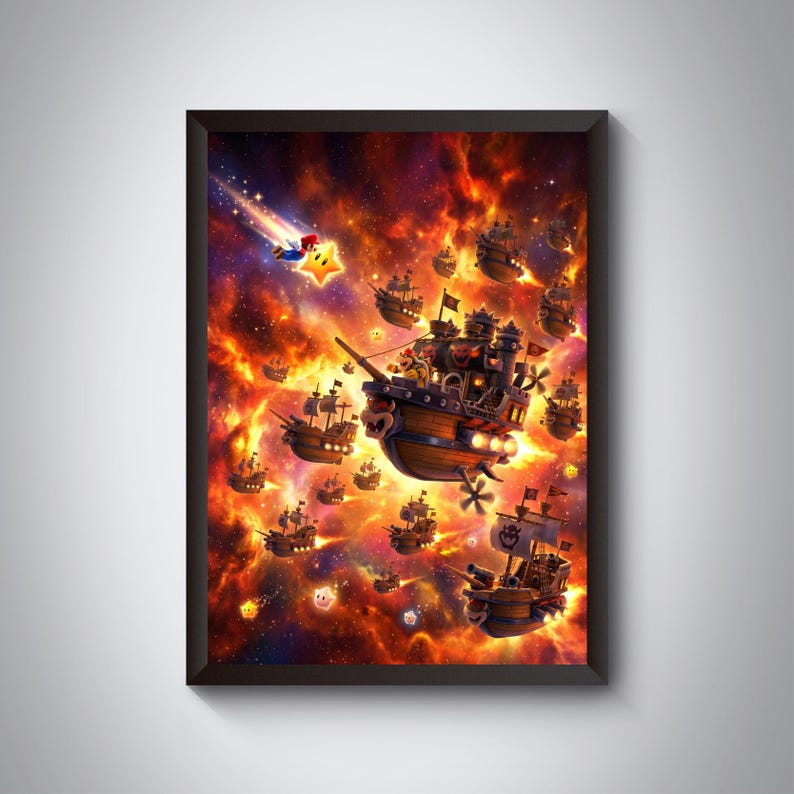 May include: A framed print featuring a vibrant, fantastical scene of airships sailing through a fiery, nebula-like sky. The artwork includes a shooting star with a character and a star, and numerous detailed ships.