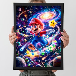 May include: A framed print featuring a vibrant illustration of Mario running through a colorful galaxy. Mario, in his signature red cap and blue overalls, is depicted with a joyful expression. The artwork includes stars, planets, and a rainbow-colored path.