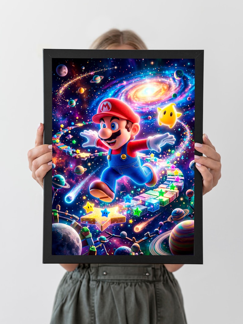 May include: A framed print featuring a vibrant illustration of Mario running through a colorful galaxy. Mario, in his signature red cap and blue overalls, is depicted with a joyful expression. The artwork includes stars, planets, and a rainbow-colored path.