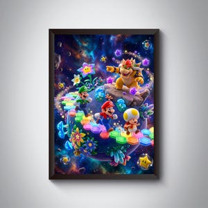 May include: A framed print featuring a vibrant scene from the Super Mario video game series. The artwork depicts Mario, Luigi, Toad, and Bowser on a colorful planet with a starry background. The characters are in action poses, surrounded by flowers and stars.