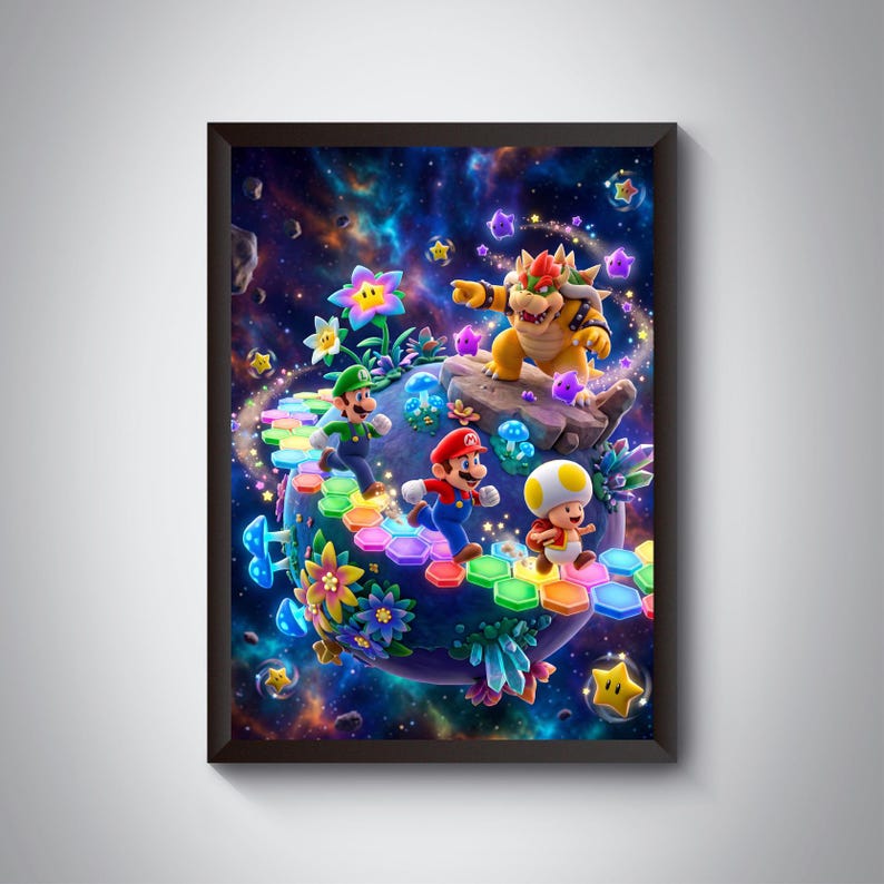 May include: A framed print featuring a vibrant scene from the Super Mario video game series. The artwork depicts Mario, Luigi, Toad, and Bowser on a colorful planet with a starry background. The characters are in action poses, surrounded by flowers and stars.