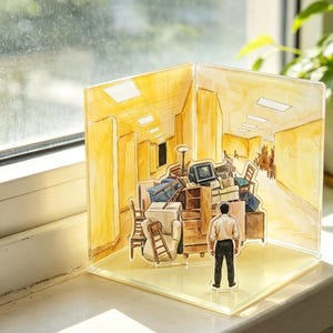 May include: A clear acrylic diorama featuring a watercolor illustration of a person standing before a pile of furniture in a yellow hallway. The scene includes a television, chairs, and wooden cabinets, all rendered in shades of yellow and brown.