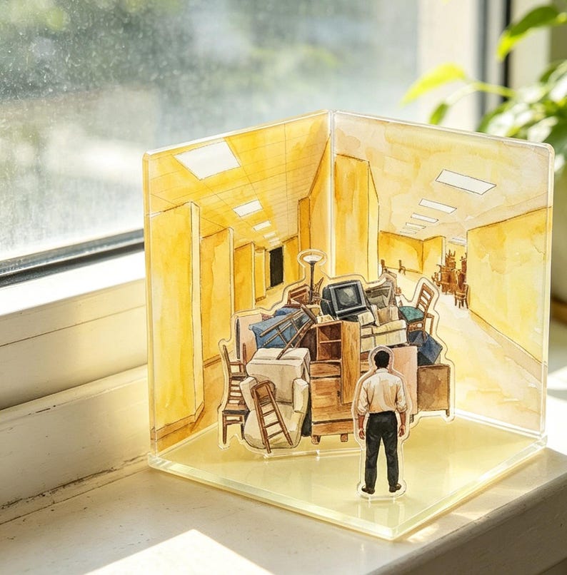 May include: A clear acrylic diorama featuring a watercolor illustration of a person standing before a pile of furniture in a yellow hallway. The scene includes a television, chairs, and wooden cabinets, all rendered in shades of yellow and brown.