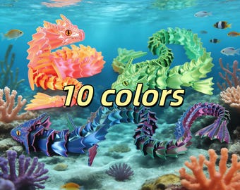 May include: Colorful articulated dragon toys in orange, green, blue, and purple, with the text "10 colors". The dragons are posed in an underwater scene with coral and fish.