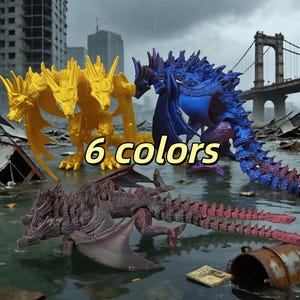 3D Printed Three-Headed Dragon Figure, Poseable Wings Kaiju Monster Statue (24–34cm)