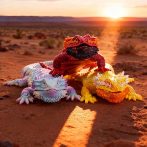 Puede incluir: Tres figuras de lagartos coloridos se exhiben sobre una superficie arenosa, con una puesta de sol de fondo. Los lagartos son rojos, amarillos y de colores pastel, con texturas detalladas y características puntiagudas. La escena evoca un paisaje desértico.