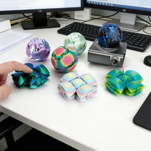 May include: A collection of colorful, geometric fidget toys in various shapes and sizes. The toys feature a range of colors, including iridescent, rainbow, and metallic finishes. Some are spherical, while others are composed of interlocking segments. They are displayed on a white surface.