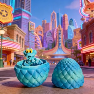 May include: A blue toy snake emerges from a matching eggshell, both featuring a scale-like texture. The egg is open, revealing the snake's head and body. The background shows a cityscape with colorful buildings.
