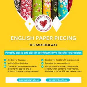 May include: Image features colorful fabric rolls and text promoting "English Paper Piecing." The design includes a heart-shaped logo with the words "handmade with love from heart to art." Additional text highlights features like die-cut accuracy and reusable templates.
