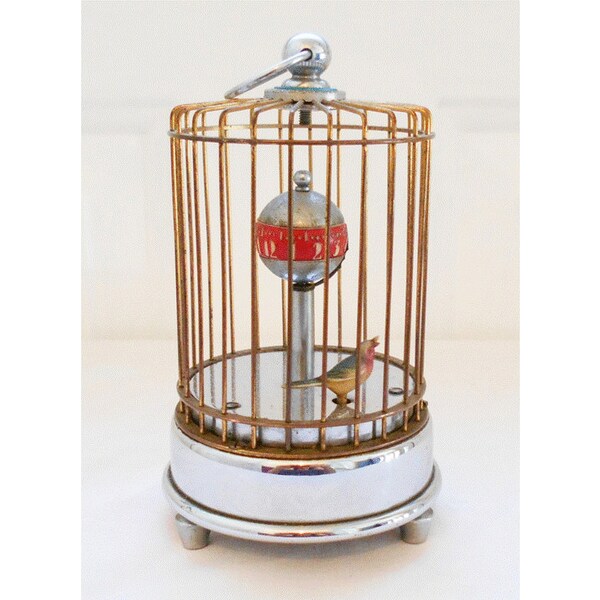 VINTAGE Clock Bird in Cage Wind Up Brass & Chrome Pedestal Feet Working Condition!