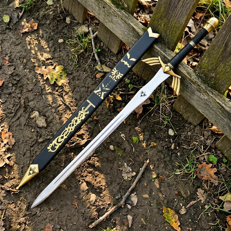 May include: A metal sword with a silver blade, a gold-colored crossguard featuring wing-like extensions, and a black handle with a gold pommel. Beside it lies a black scabbard decorated with gold-colored symbols, including a triforce emblem.