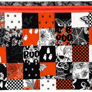 Halloween Project Bag for Cross Stitch, Embroidery, Sewing – Handmade Zippered Craft Bag, Black Orange & White Patchwork