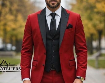 Herren Rot & Schwarz Anzug 3-teilig Smoking Slim-Fit-Peak Revers Hochzeit Designer Crimson Contrast Formal