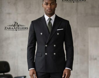 Men's Black 2-Piece Suit | Slim Fit Double-Breasted Power Suit Peak Lapel Executive Formal