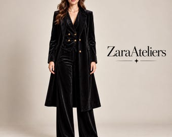 Women’s Black Velvet 3-Piece Suit – Tailored Longline Trench Coat, Waistcoat Vest & High-Waist Wide-Leg Trousers