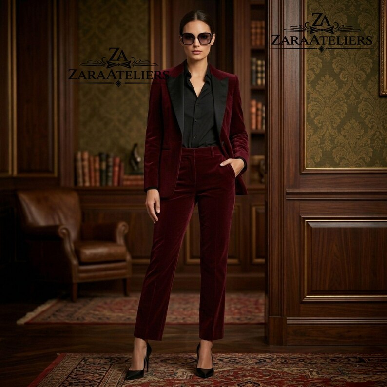 Pode incluir: Um fato de veludo bord&ocirc; com um blazer com lapelas de cetim preto e cal&ccedil;as a condizer. O fato &eacute; combinado com uma camisa preta abotoada e saltos altos pretos. O texto "ZARAATELIERS" &eacute; vis&iacute;vel.