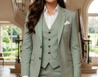 Women's Sage Green Heritage 3-Piece Suit – Slim Fit Tailored Executive Business & Formal Wedding Tuxedo