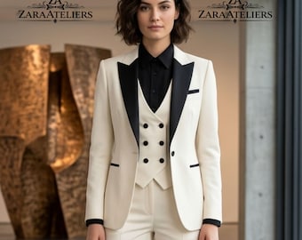 Terno de smoking feminino de 3 peças em marfim e preto – Blazer creme sob medida para eventos noturnos, com abotoamento duplo, ideal para casamentos.