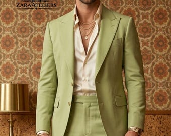 Men’s Light Green Retro 70s 2- Piece Suits Flare Suit–Vintage Pastel Disco Style