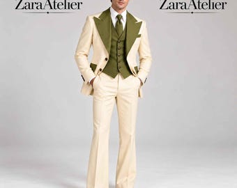 Men's 1970s Ivory Three Piece Suit, Olive Lapels, Vintage Wedding Groom Outfit, Retro Formal Wear