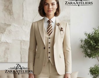 May include: A beige three-piece suit featuring a blazer, a buttoned vest, and trousers. The ensemble includes a white collared shirt, a brown and white striped tie, and a lapel pin with a chain. The text ZARAATELIERS is visible in the image.