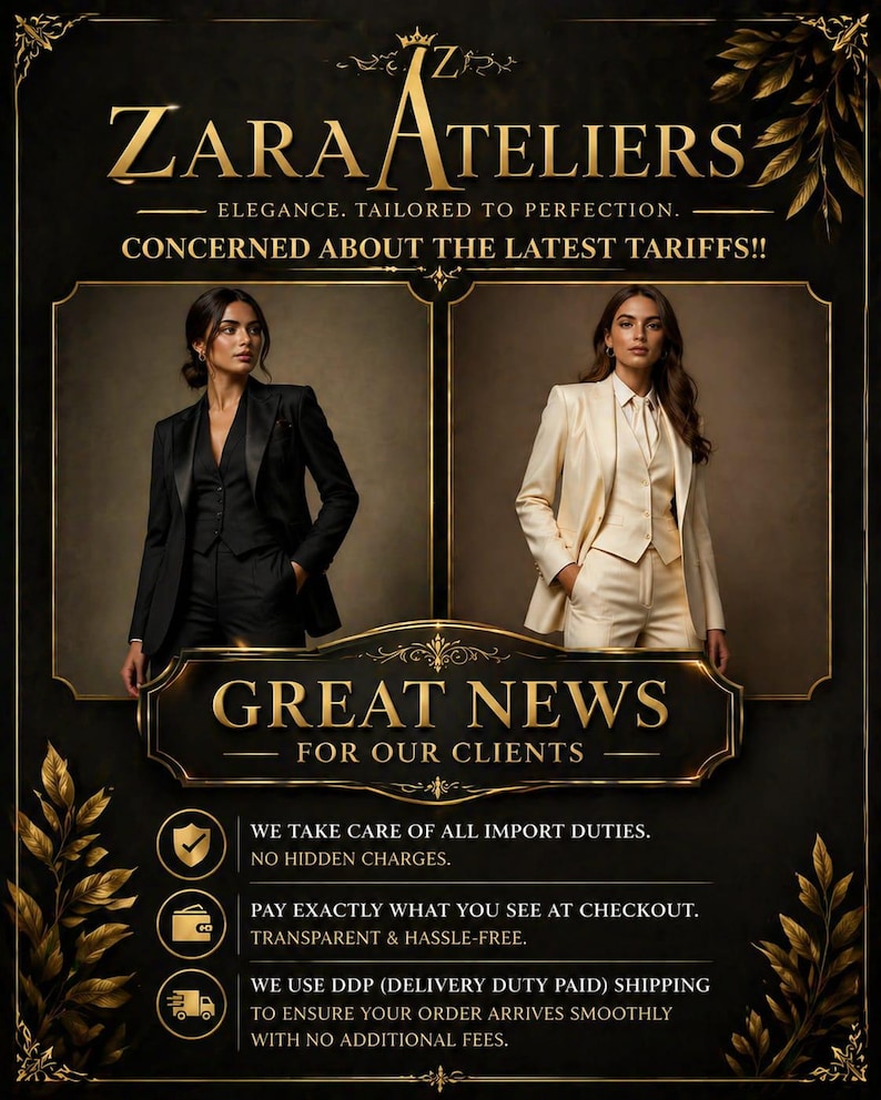 May include: An advertisement for Zara Ateliers features two models wearing tailored suits. The text reads "Elegance. Tailored to Perfection." and "Great News for Our Clients." The ad highlights import duties, checkout transparency, and DDP shipping.