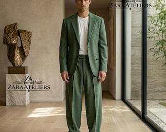 Costume homme 2 pièces ample vert sauge - Blazer ample coupe décontractée pour homme