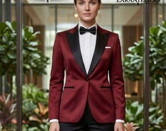 2-teiliger Smoking aus weinrotem Satin | Tailliert Seiden-Blaze Blazer Schwarz Satin Revers Hose