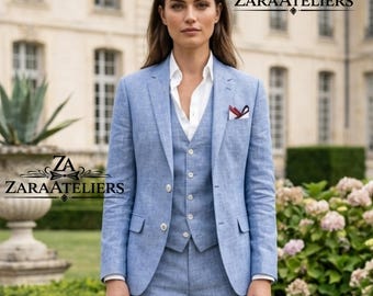 Women’s Cornflower Blue Linen 3-Piece Suit | Tailored Two-Button Light Blue Blazer, Vest Trousers