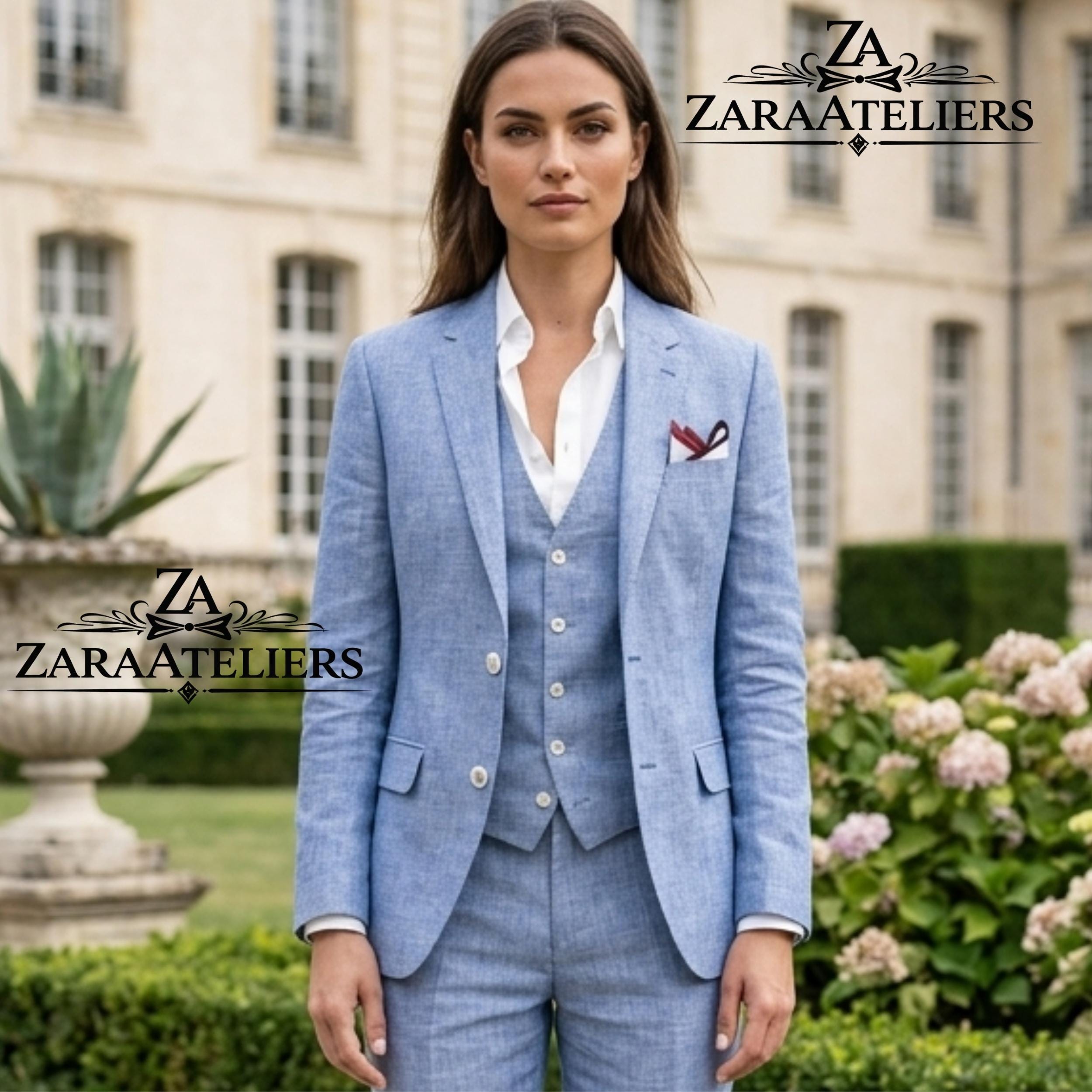 Women's Cornflower Blue Linen 3-Piece Suit Tailored Two-Button Light…