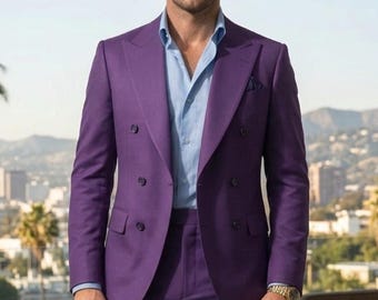 Men's Royal Purple Double-Breasted Suit – 70s Style Peak Lapel Gala Outfit