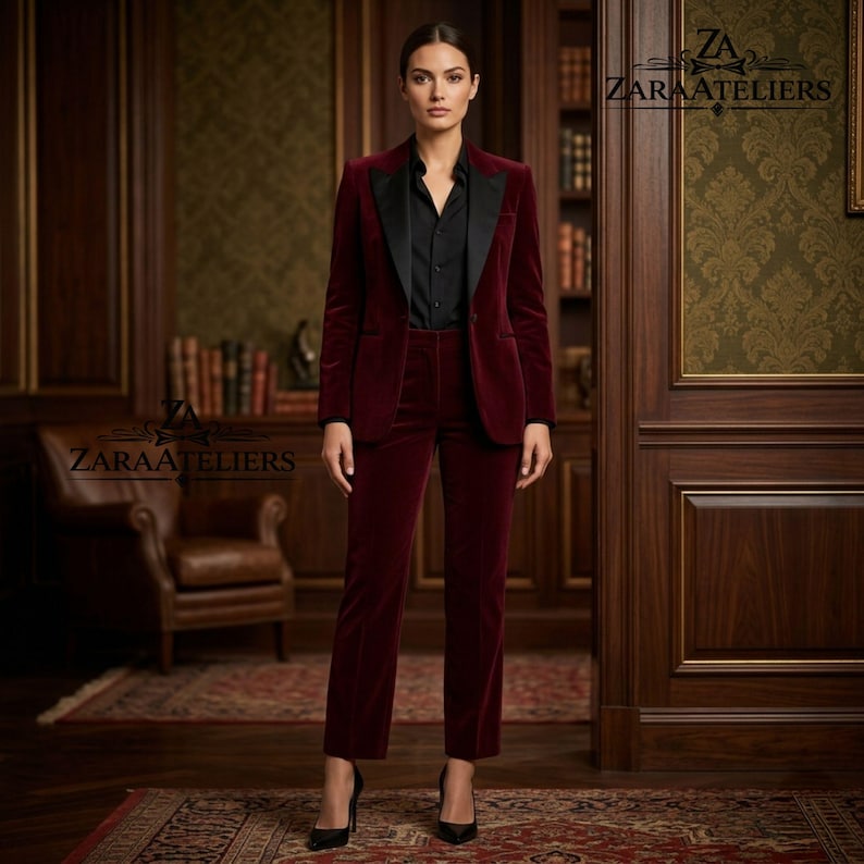 Pode incluir: Um fato de veludo bord&ocirc; com lapela de cetim preto e camisa abotoada preta. O fato inclui um blazer e cal&ccedil;as a condizer. A imagem mostra o fato numa pessoa numa sala com estantes e um tapete estampado. A marca "ZARAATELIERS" &eacute; vis&iacute;vel.