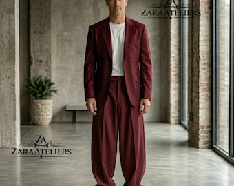 Sommer Herren Maroon Baggy Style 2-teiliger Anzug - Relaxed Fit Hose mit weitem Bein Blazer Hochzeiten-Party