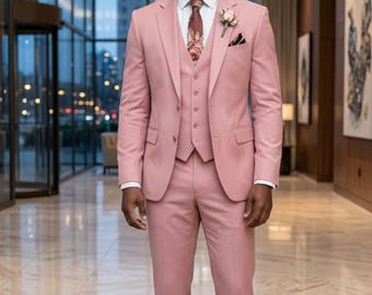 Men's Dusty Rose Pink 3-Piece Suit–Slim Fit Mauve Wedding Tuxedo Grooms Prom Formal