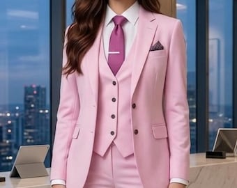 Completo da donna a tre pezzi rosa tenue - Abito sartoriale slim fit, formale, da lavoro, smoking, per matrimoni e balli di fine anno.