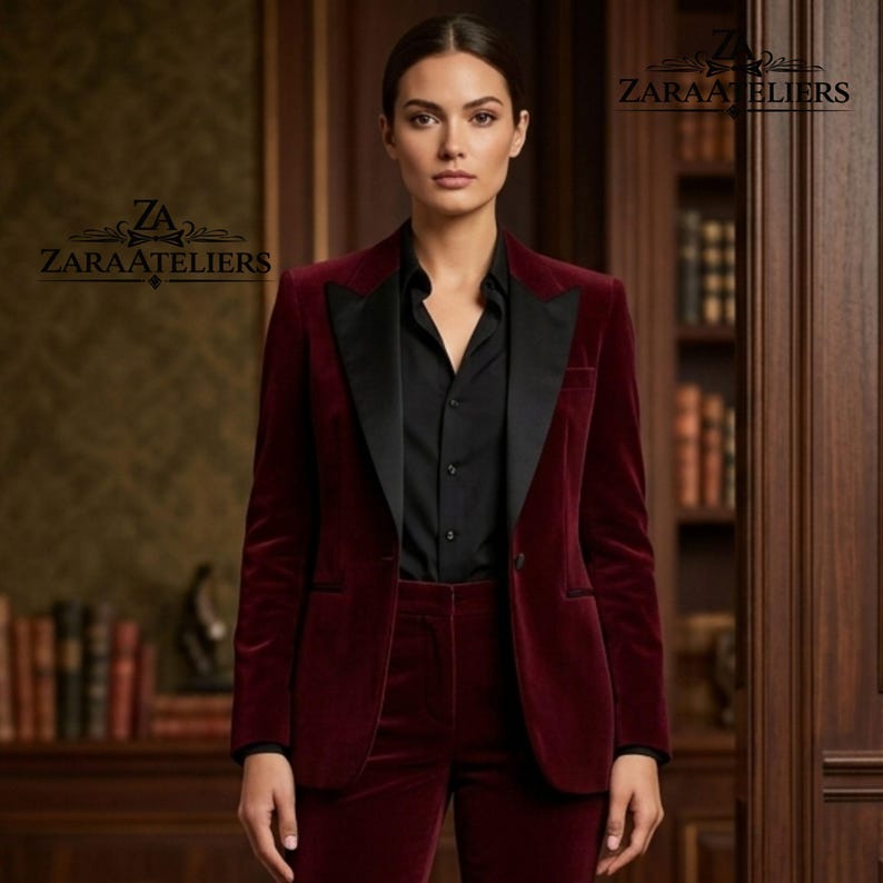 Pode incluir: Um fato de veludo bord&ocirc; com lapela de cetim preto e camisa abotoada preta. O fato inclui um blazer e cal&ccedil;as a condizer. O texto "ZARAATELIERS" &eacute; vis&iacute;vel no canto superior direito e inferior esquerdo.