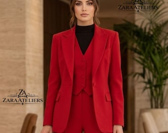 Conjunto formal feminino vermelho carmesim de 3 peças para casamento – Blazer sob medida, colete e calça combinando. Ideal para festas.